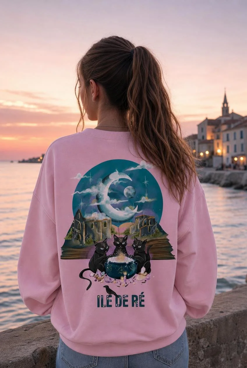 Femme vue de dos portant un sweat rose avec un design magique, comprenant un cercle avec des nuages, la lune, des chats noirs, un livre ancien, et un ciel étoilé. La scène est avec la mer en arrière-plan lors d'un coucher de soleil.