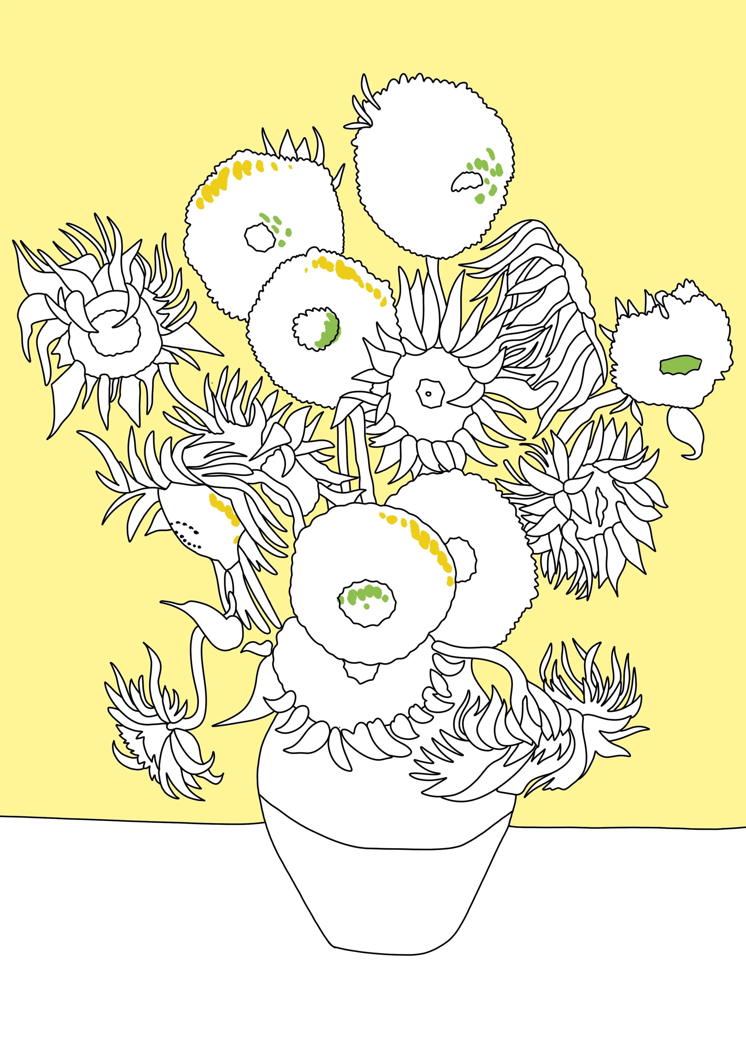 Un dessin en noir et blanc d'un vase contenant un bouquet de fleurs, avec un fond de couleur jaune. Le bouquet comprend des fleurs à grands centre ronds avec des pétales et des centres verts, ainsi que d'autres fleurs avec des points jaunes et autres détails.