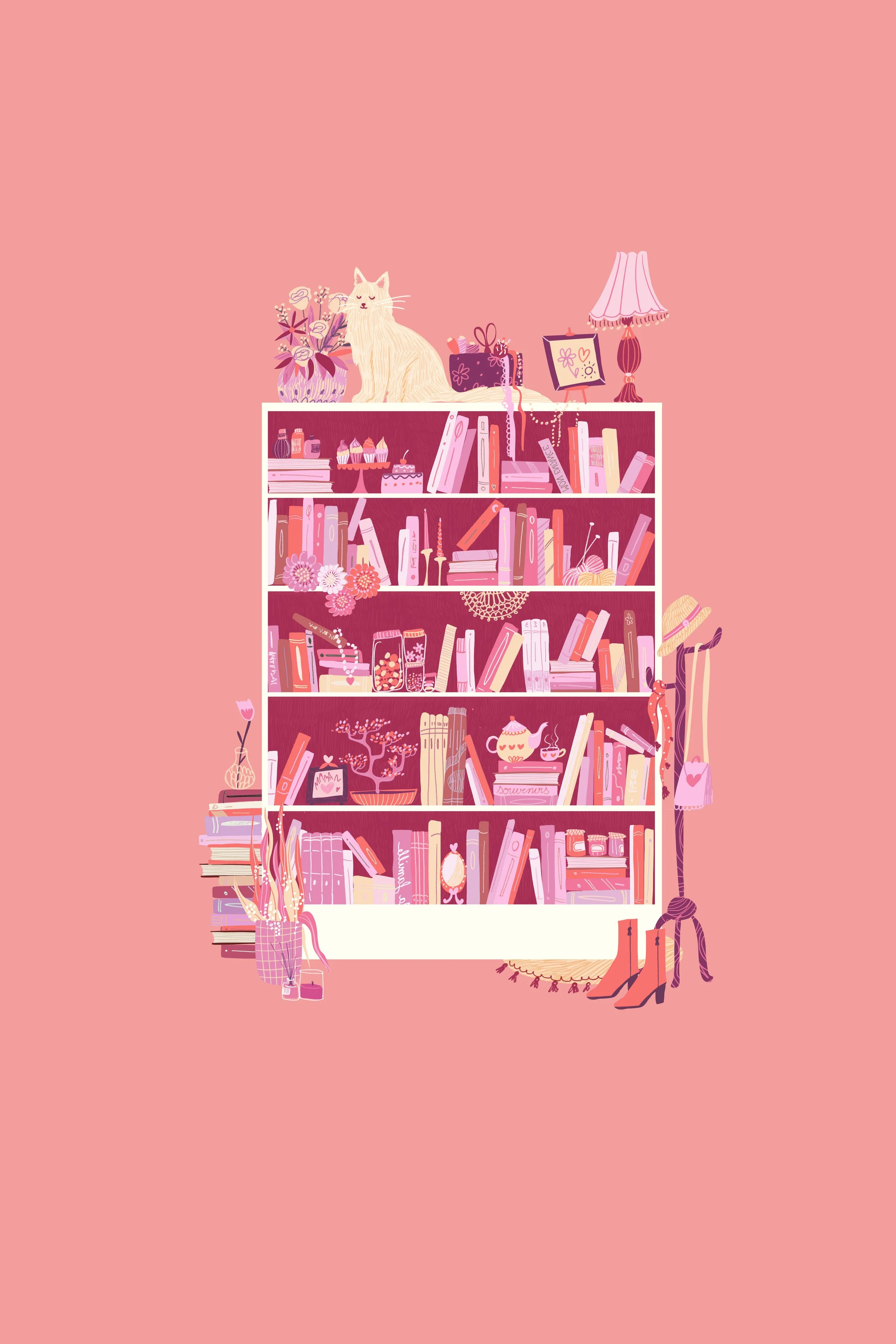 Une illustration d'une étagère remplie de livres, décorations, fleurs, et une chatte allongée en haut. Autour de l'étagère, il y a des bottines, un chapeau, une écharpe, et un poteau avec un lampadaire à lampe rose.