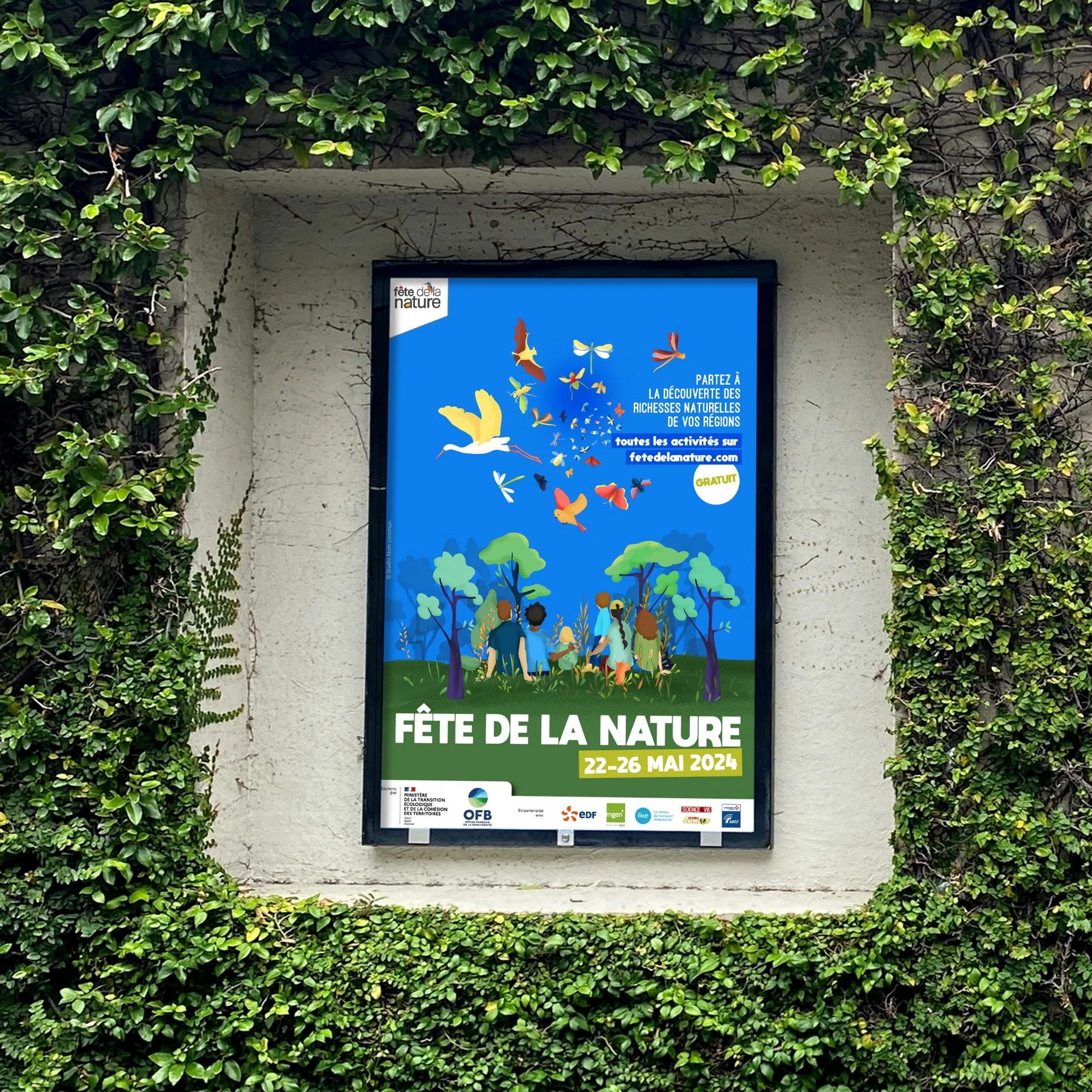 Affiche pour la fête de la nature, du 22 au 26 mai 2024, dans un mur entouré de feuilles vertes.