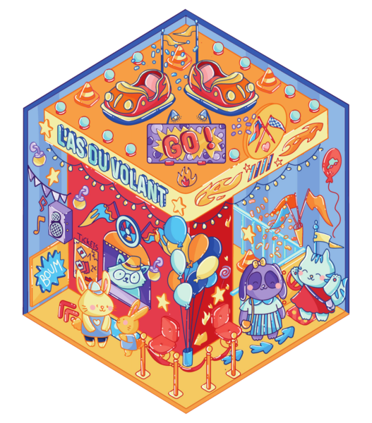 Une illustration colorée d'une fête d'anniversaire avec des animaux en train de s'amuser, des ballons, des décorations, une scène avec une bannière 'EAS DU VOLANT', une attraction de manège, et des chaises rouges. Des animaux portant des vêtements festifs