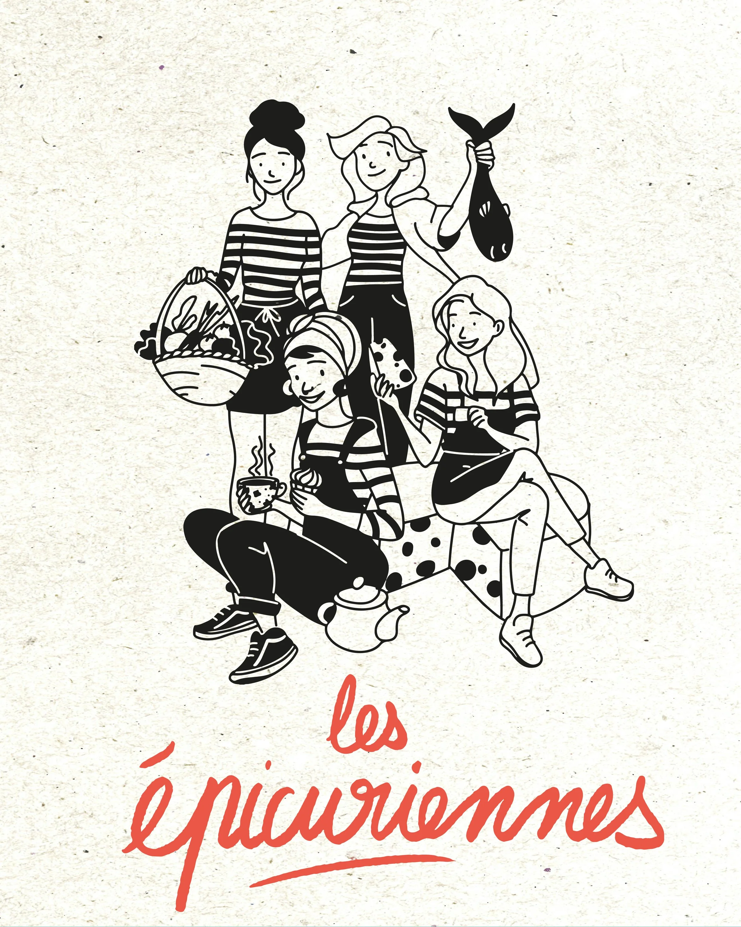 Illustration de quatre femmes portant des vêtements à rayures, tenant un panier de fruits, un poisson, une coupe et une bouteille. Fond texturé avec la phrase en français "les enchantements" écrite en rouge.