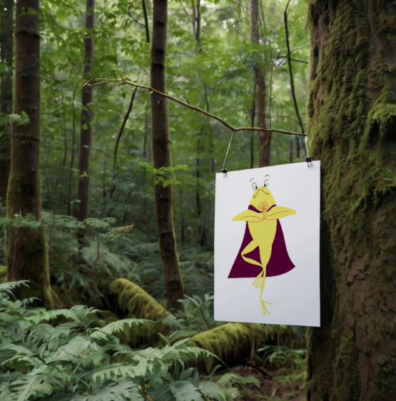 Une affiche représentant une créature anthropomorphe avec des ailes jaunes, un masque d'or et un long foulard violet, suspendue à un arbre dans une forêt.
