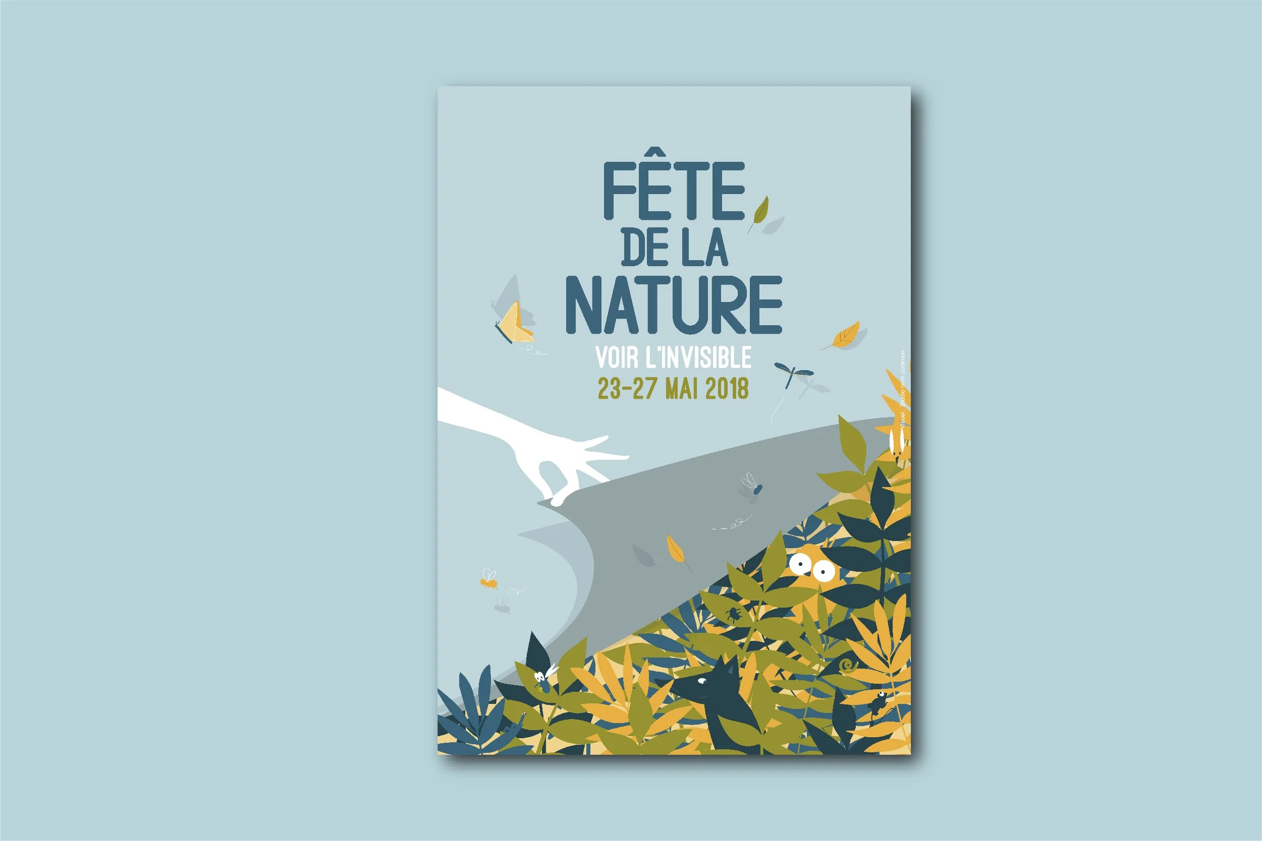 Affiche annonçant la fête de la nature du 23 au 27 mai 2018, avec illustration de feuilles, d'insectes, d'oiseaux et d'animaux dans un style graphique.