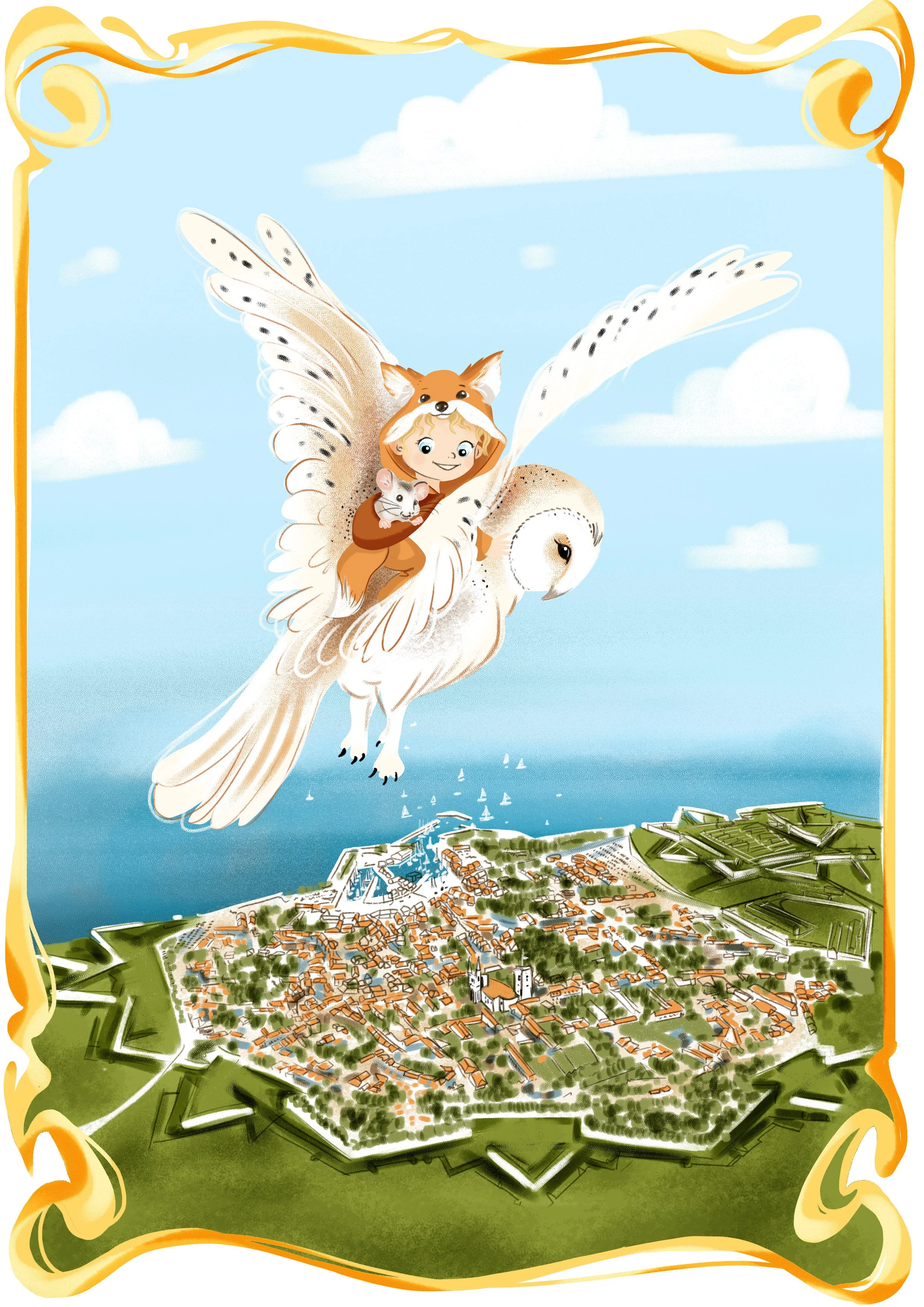 Une illustration d'une fille et d'un chien déguisés en oiseaux volant au-dessus d'une ville côtière avec des bateaux en mer et des champs environnants.