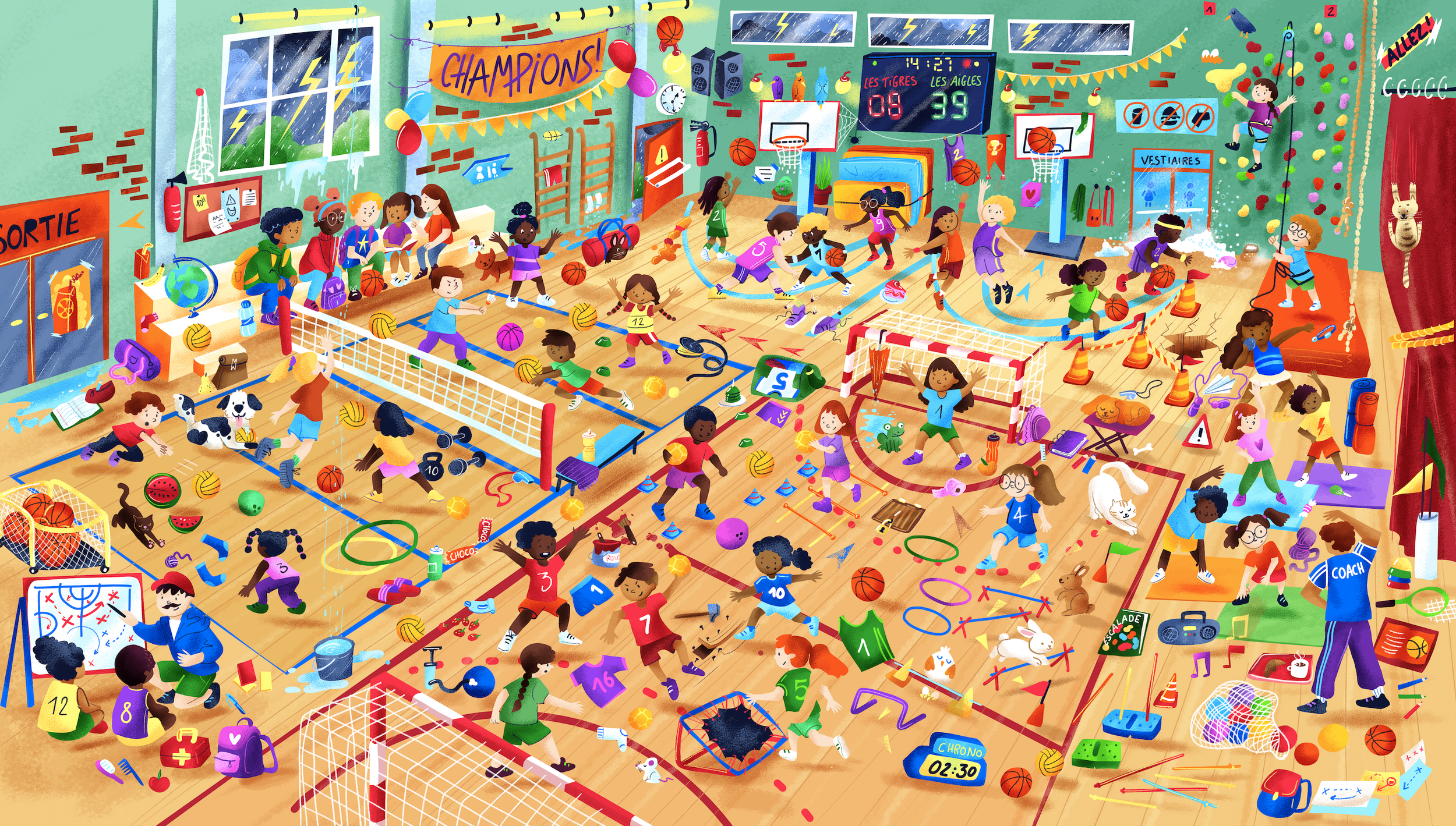 Une salle de gym animée avec de nombreux enfants et un coach, engagement dans différentes activités sportives, quelques jouets et équipements dispersés, décorations colorées et scoreboard affichant un festival d'énergie.