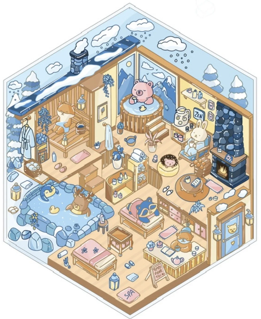 Une illustration d'une maison en intérieur avec plusieurs animaux et activités de détente, comprenant une piscine pour chiens, un jacuzzi pour ours, une cheminée, un coin spa, et une ambiance chaleureuse et relaxante.