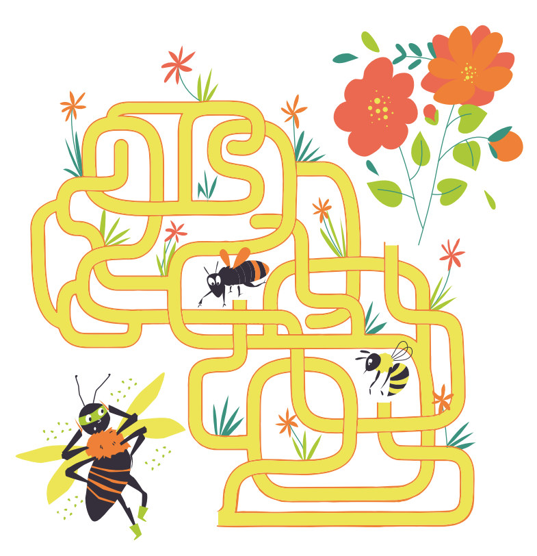 Un labyrinthe avec des abeilles et des fleurs colorées.