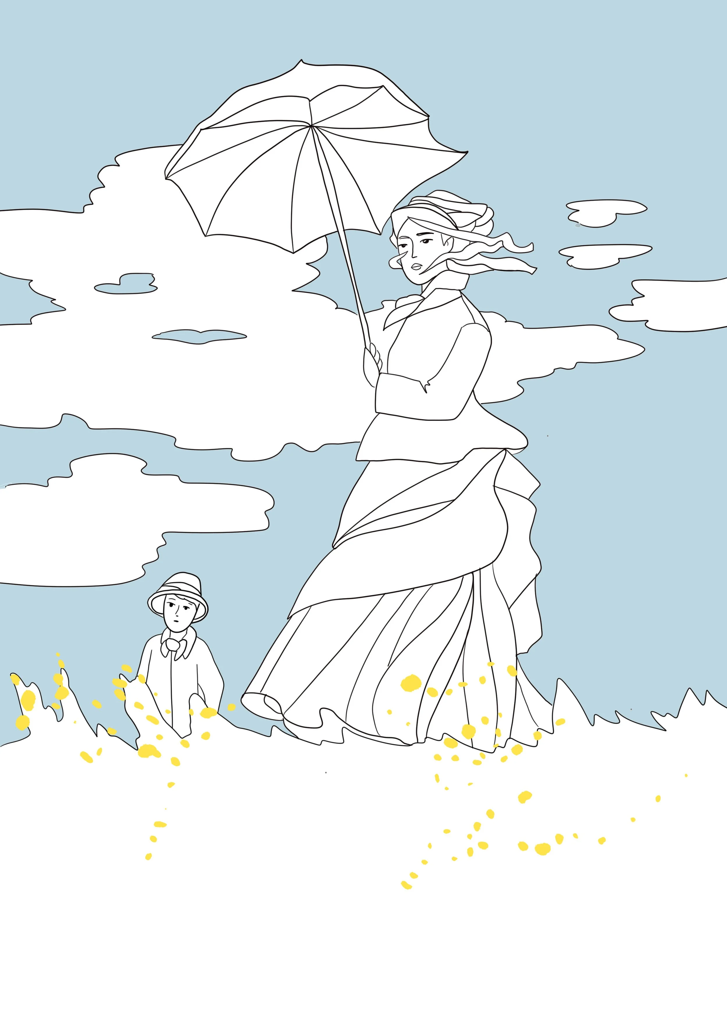 Une femme portant une robe longue et tenant un parapluie, avec un jeune garçon en chapeau blanc et veste noire, dans un champ avec des fleurs jaunes, sous un ciel bleu avec quelques nuages blancs.