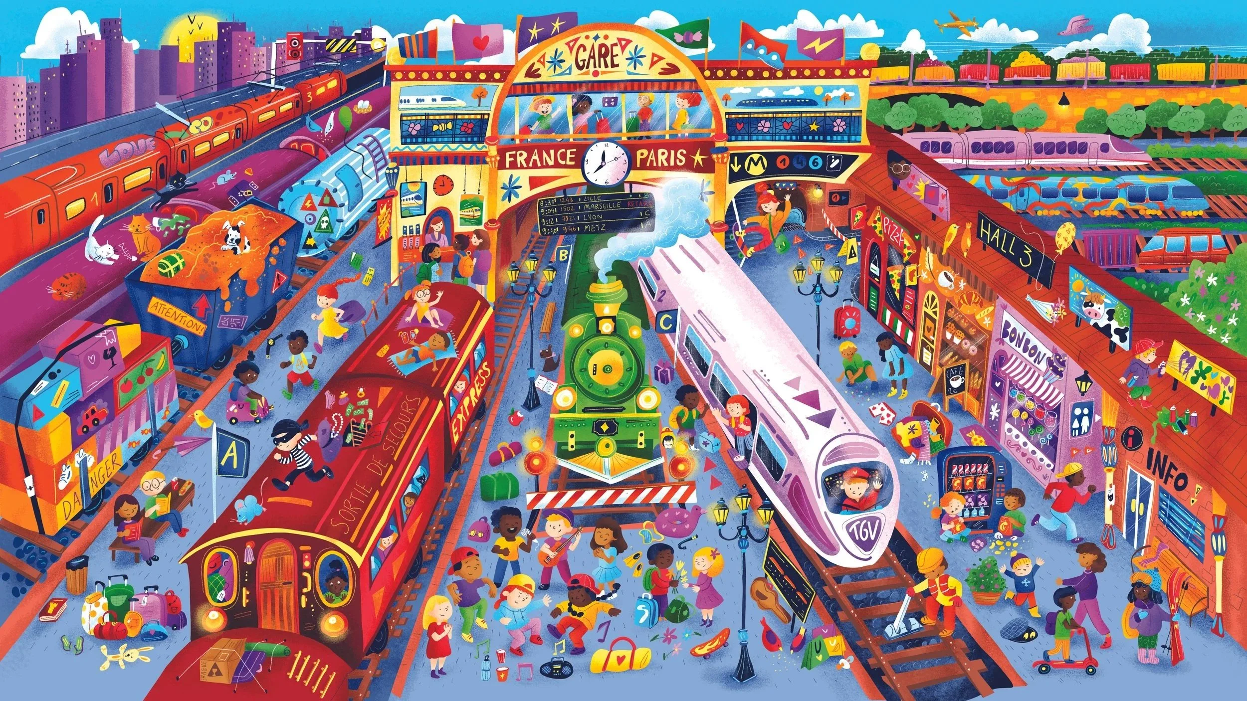 Une illustration colorée d'une gare animée avec des trains, des passagers, des enfants jouant, des animaux, et diverses activités autour de la gare.