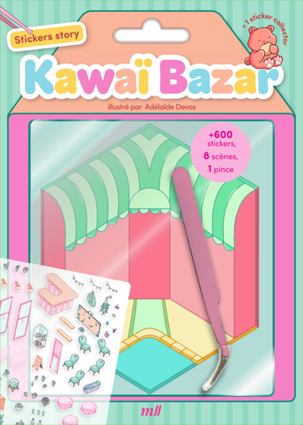 Une boîte de collection d'autocollants pour un projet créatif appelé 'Kawaii Bazar', contenant plus de 600 autocollants représentant des scènes et des objets mignons, avec une planche d'autocollants, un crayon en forme de pince, et une scène miniature avec un étang, une cabane et un stand de vente.
