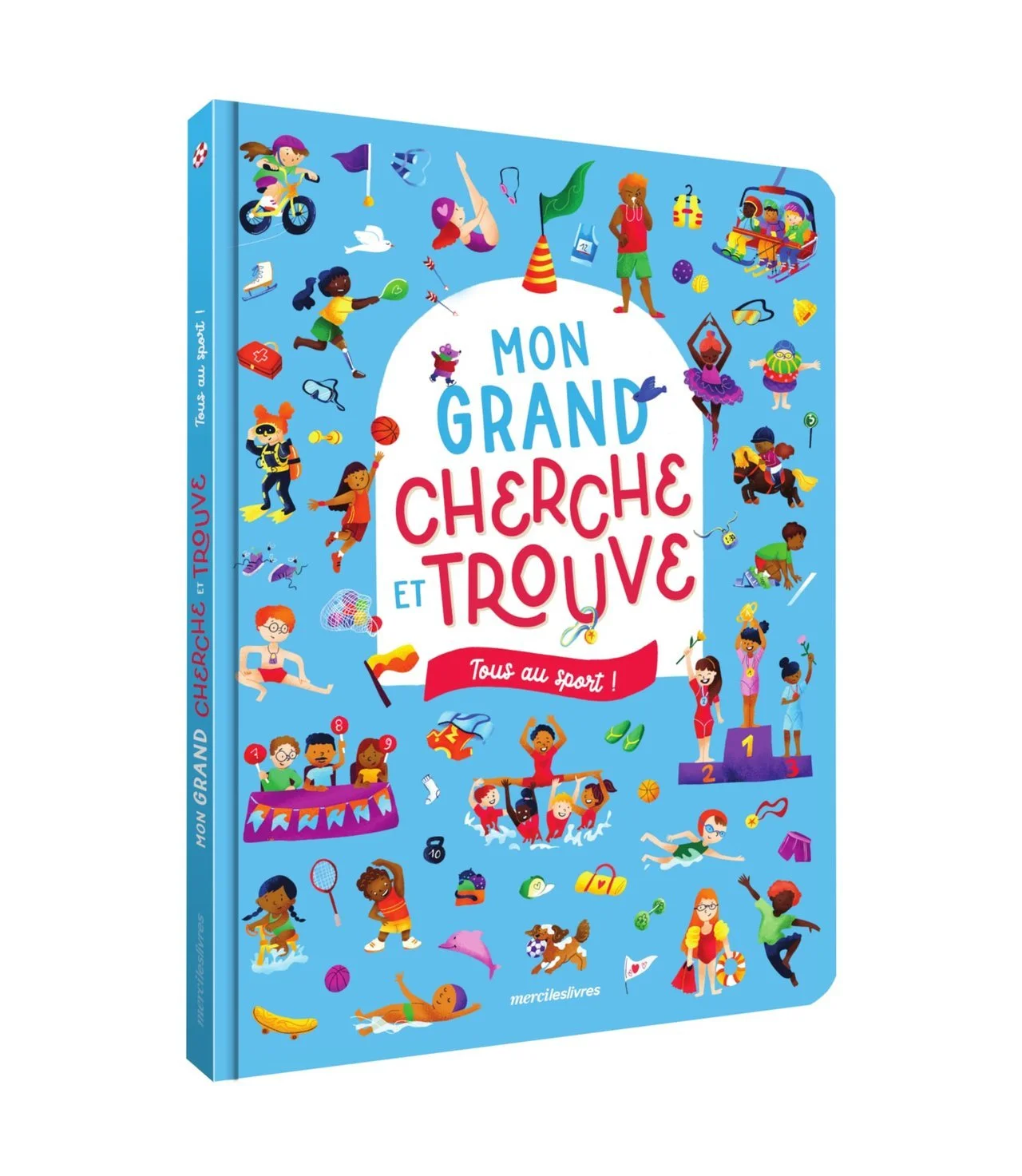 Livre coloré avec des illustrations d'enfants pratiquant différents sports sur la couverture, titre en français 'Mon Grand Cherche et Trouve et Trouve'.