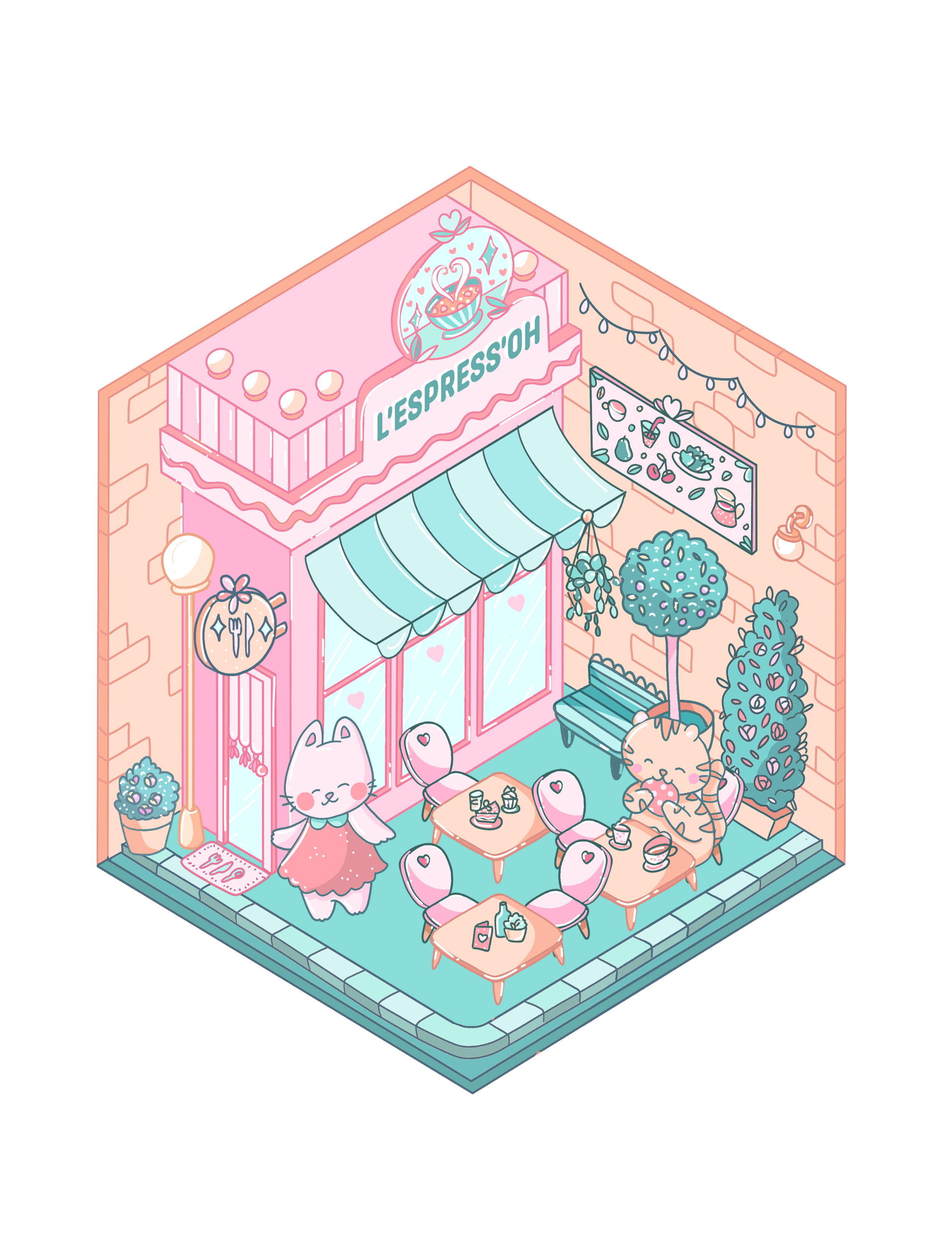 Une boutique de café nommée L'ESPRESSOH avec une façade rose et un décor pastel, des plantes en pots, deux personnages mignons sur la terrasse, un chat avec un donut, une bannière de guirlandes lumineuses, et une grande vitrine avec des détails charmants.