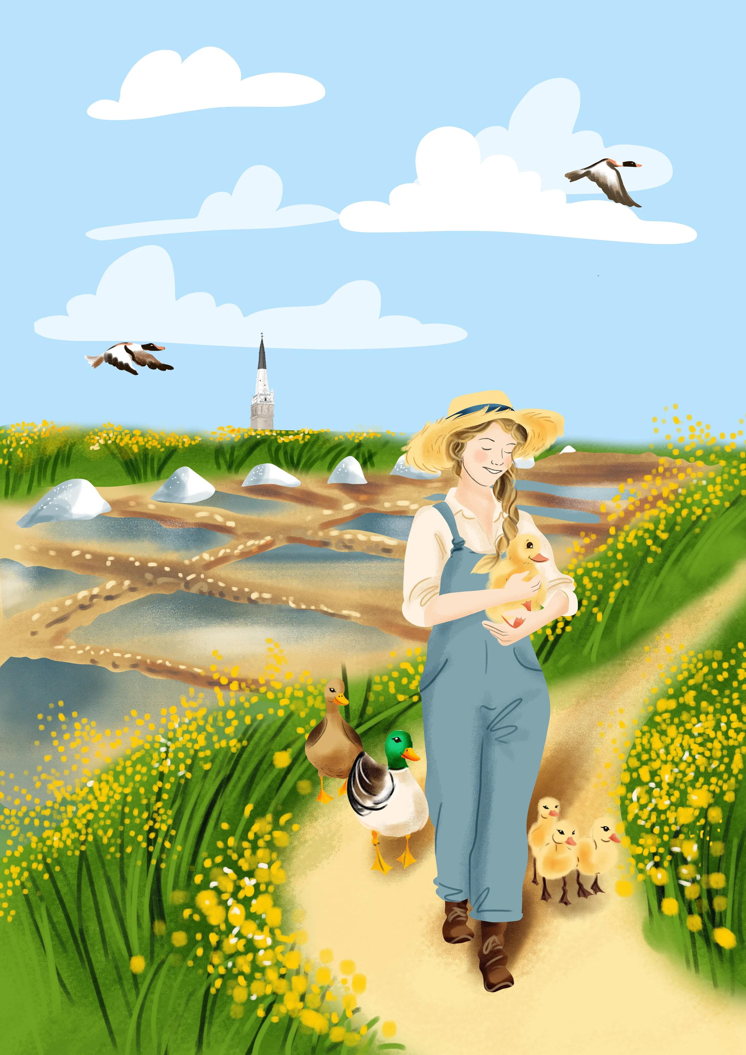 Une femme marche dans un champ de fleurs jaunes, tenant un petit caneton. Autour d'elle, il y a d'autres canards et de petits canetons, avec un ciel bleu, des nuages et des oiseaux volant dans le ciel.