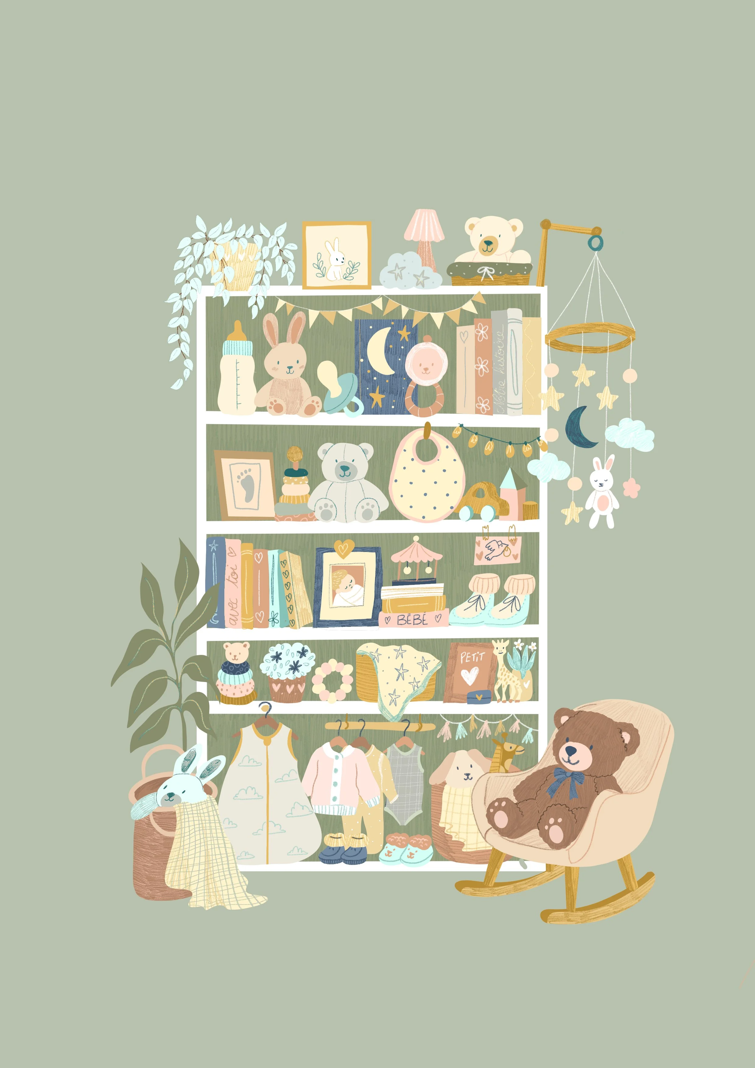 Une illustration d'une étagère remplie de jouets et de livres pour bébé, avec une ambiance douce et pastel. Il y a des peluches, un mobile suspendu, des chaussures, des vêtements, et d'autres accessoires pour bébé, le tout dans des tons neutres et pastel, avec une plante à gauche et un ours en peluche dans un fauteuil.