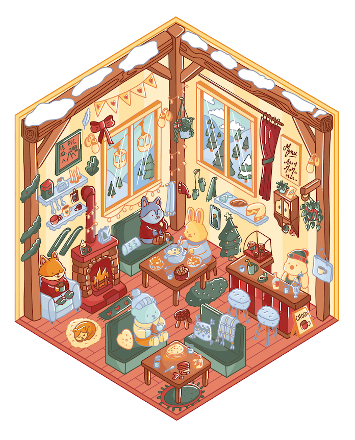 Une illustration d'une pièce chaleureuse dans une maison en bois enneigée vue de l'intérieur, avec des animaux anthropomorphes profitant d'une soirée près de la cheminée, dégustant une fondue, entourés de décorations hivernales et de fenêtres montrant un paysage enneigé.