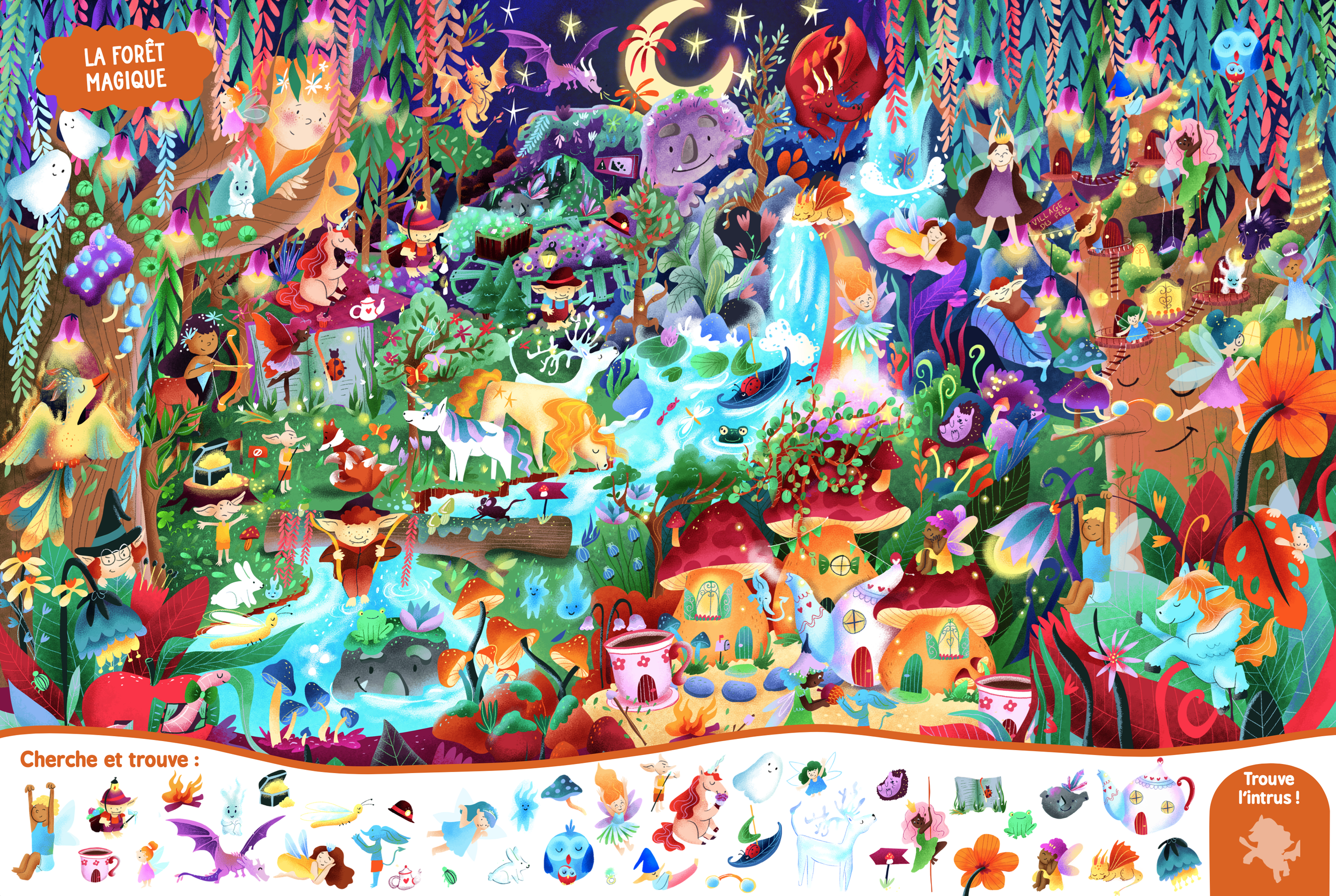 Une forêt magique colorée avec des créatures fantastiques, des fées, des dragons, des licornes, des lutins, et des animaux magiques, comprenant des chutes d'eau, des arbres, des fleurs, et des objets féériques.
