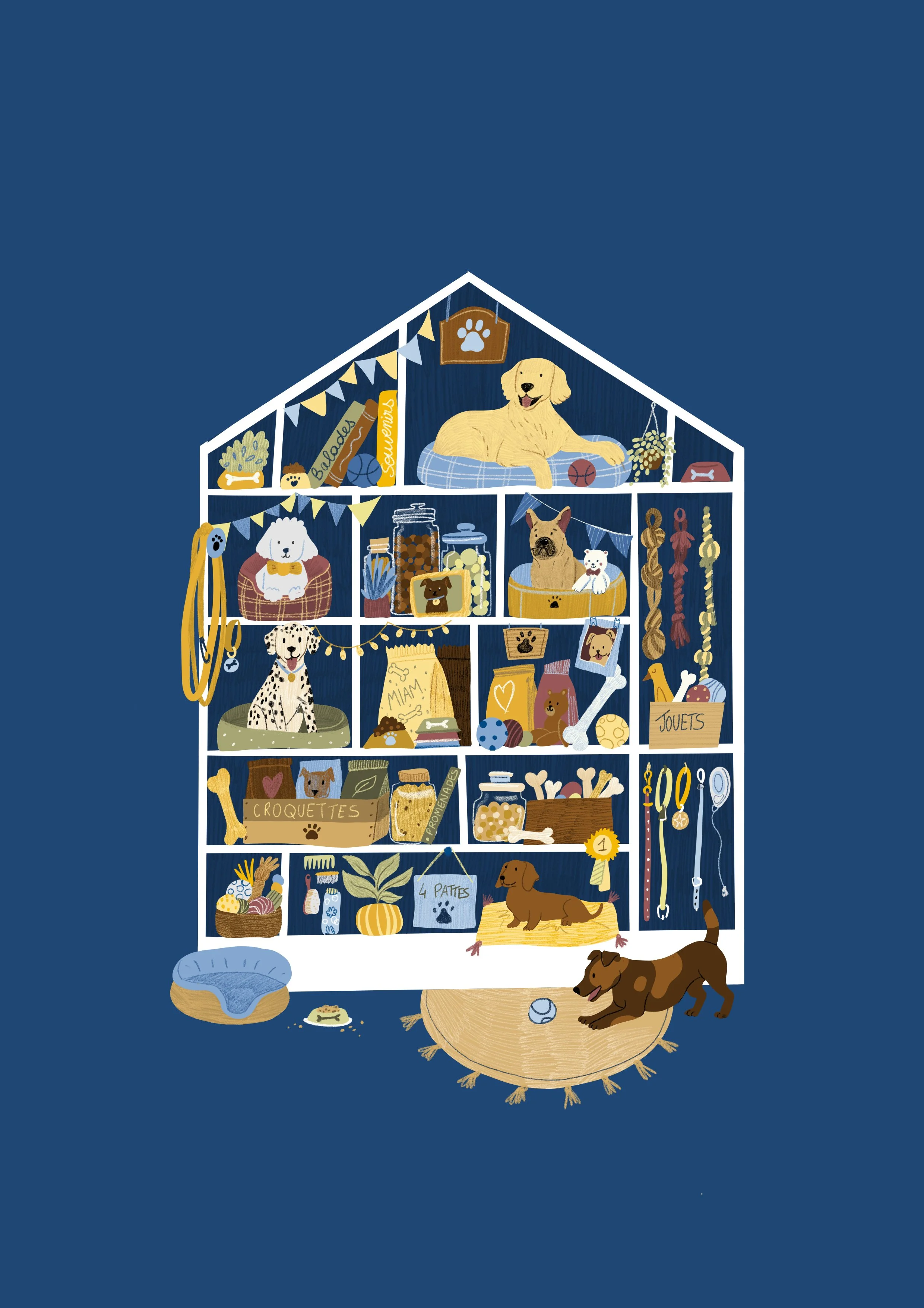 Une illustration d'une maison pour chiens avec plusieurs sections remplies de jouets, accessoires, et chiens. La maison est décorée de guirlandes et de petites pancartes, avec des chiens de différentes races à l'intérieur et à l'extérieur, dont un golden retriever sur un coussin, un dalmatien, et un bouledogue. Il y a aussi un bol d'eau, des os en jouets, et des sacs de croquettes.