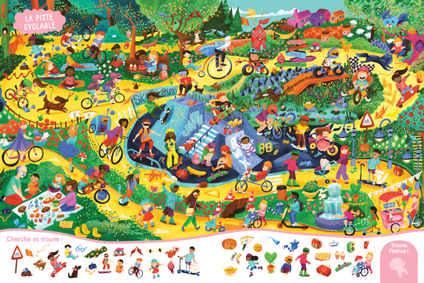 Une scène colorée représentant une piste cyclable avec enfants qui font du vélo, du skateboard, jouent et explorent dans un parc avec des arbres, un jet d'eau, et diverses activités récréatives.