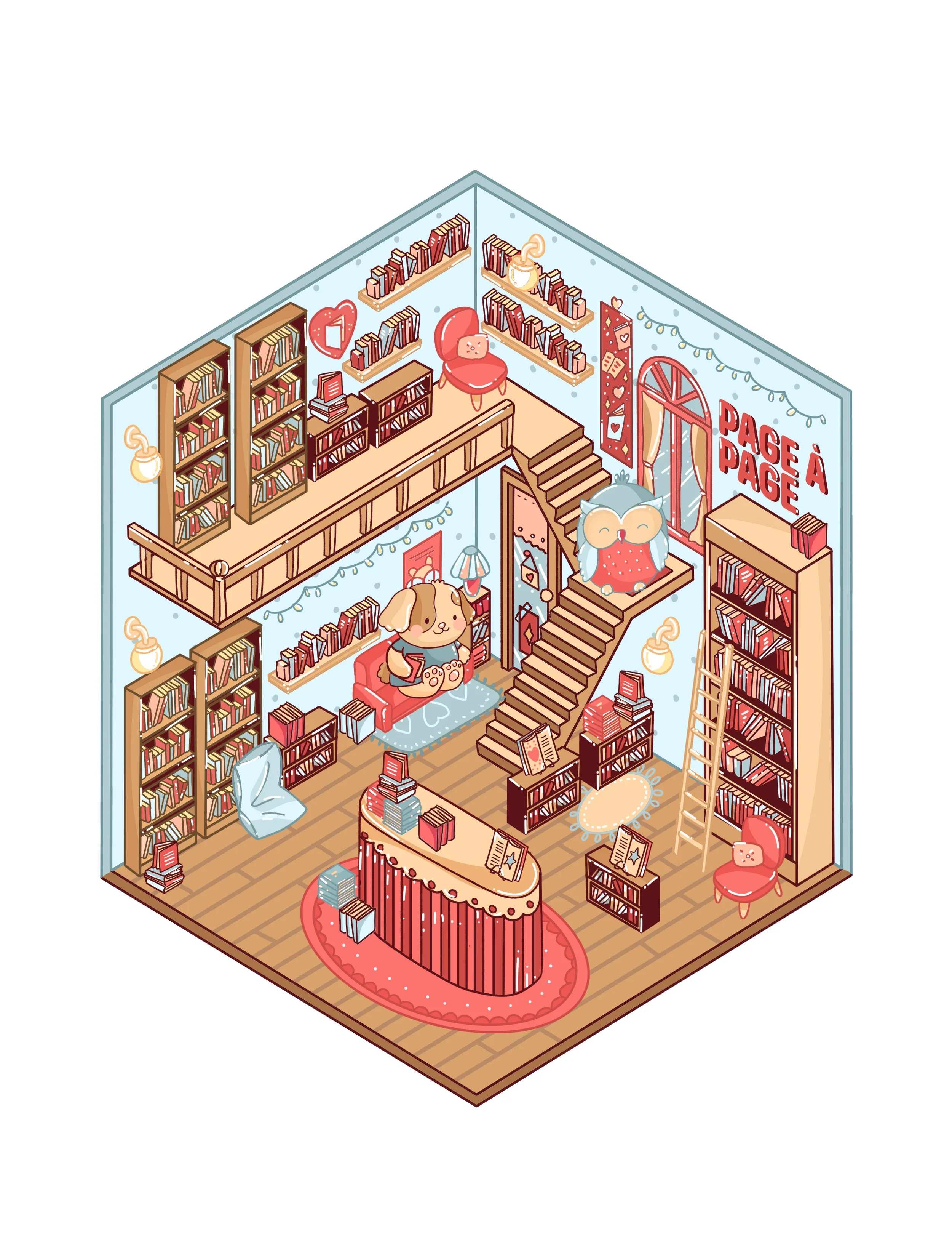 Une illustration d'une pièce remplie de livres, avec des étagères, des livres empilés, des lampes, une chaise, une table, un comptoir avec des livres, et des décorations murales telles que des guirlandes et des affiches. La pièce a un style mignon et cosy, avec des animaux comme un hibou, un chien et un lapin kawaii.