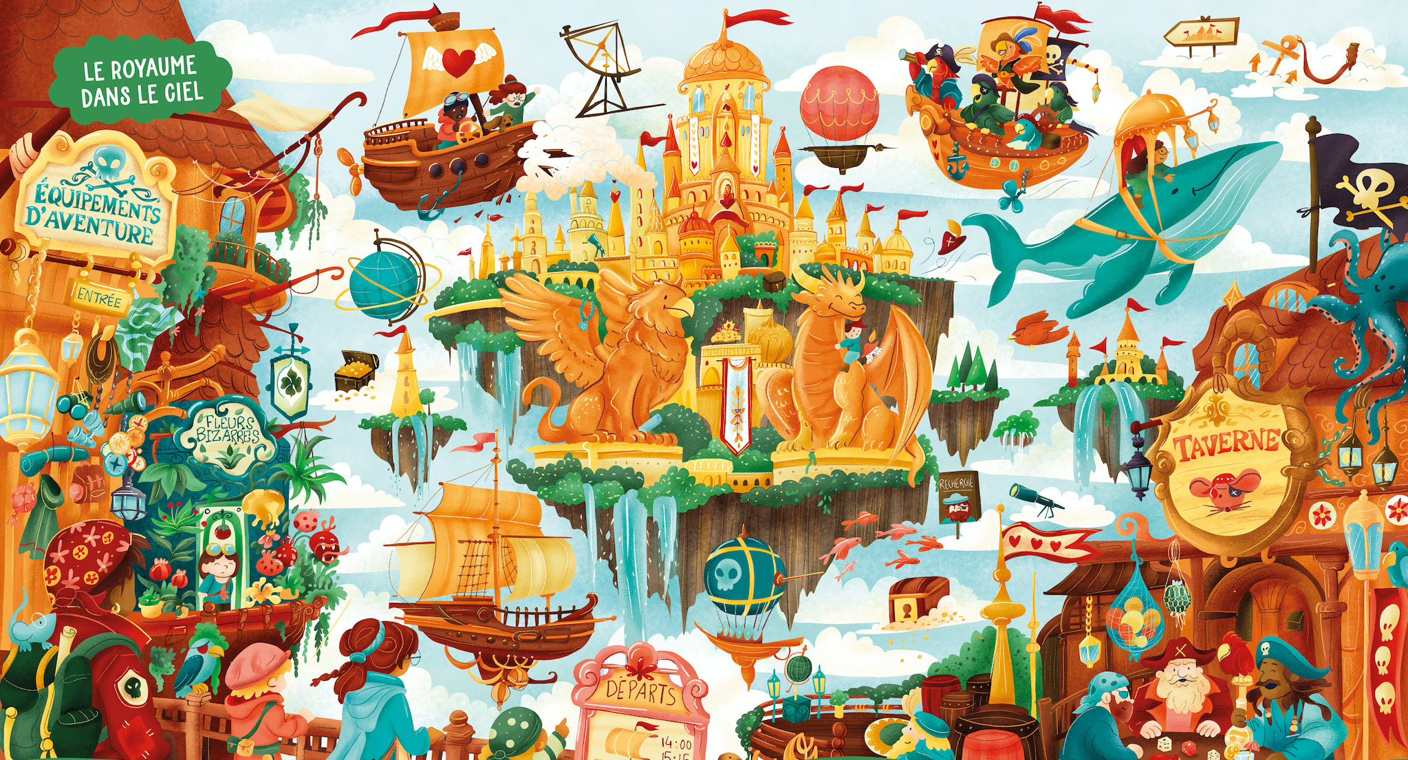 Une illustration colorée d'un royaume imaginaire dans le ciel avec des bateaux volants, des dragons, des châteaux, des statues de lions mythiques, et des spectacles de pirates et d'aventuriers, avec des personnages fantastiques, des flottants, et des éléments ludiques et fantastiques.