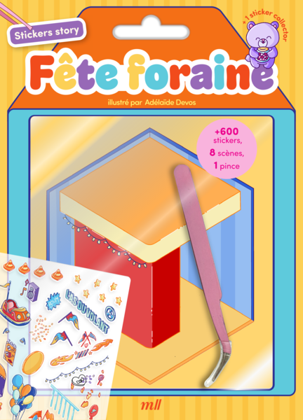 Une boîte de jeu de Stickers pour une fête foraine, illustrée par Adélaïde Devos, contenant plus de 600 stickers, 8 scènes et 1 pinceau, avec une maquette représentant une scène de fête foraine et des stickers illustrés