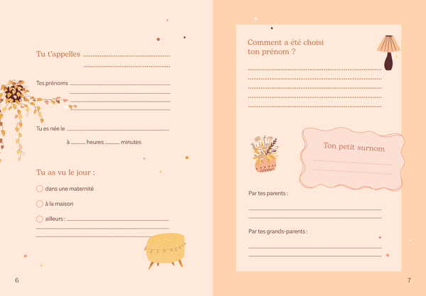 Page de livre pour enfants avec espace pour écrire le prénom, la date de naissance, la façon dont il a été choisi, le jour de naissance, et où il a été vu. Illustration de fleurs, d'un mouton et de décorations florales.