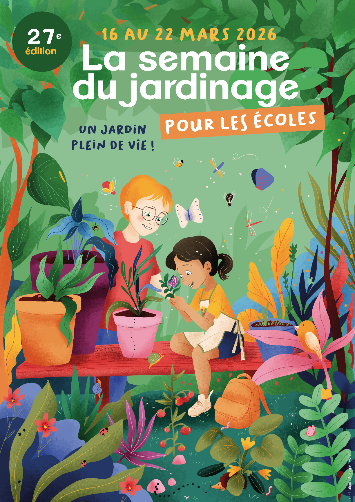 Affiche promotionnelle pour la semaine du jardinage en mars 2026, montrant deux enfants dans un jardin avec des plantes, des fleurs et des insectes.