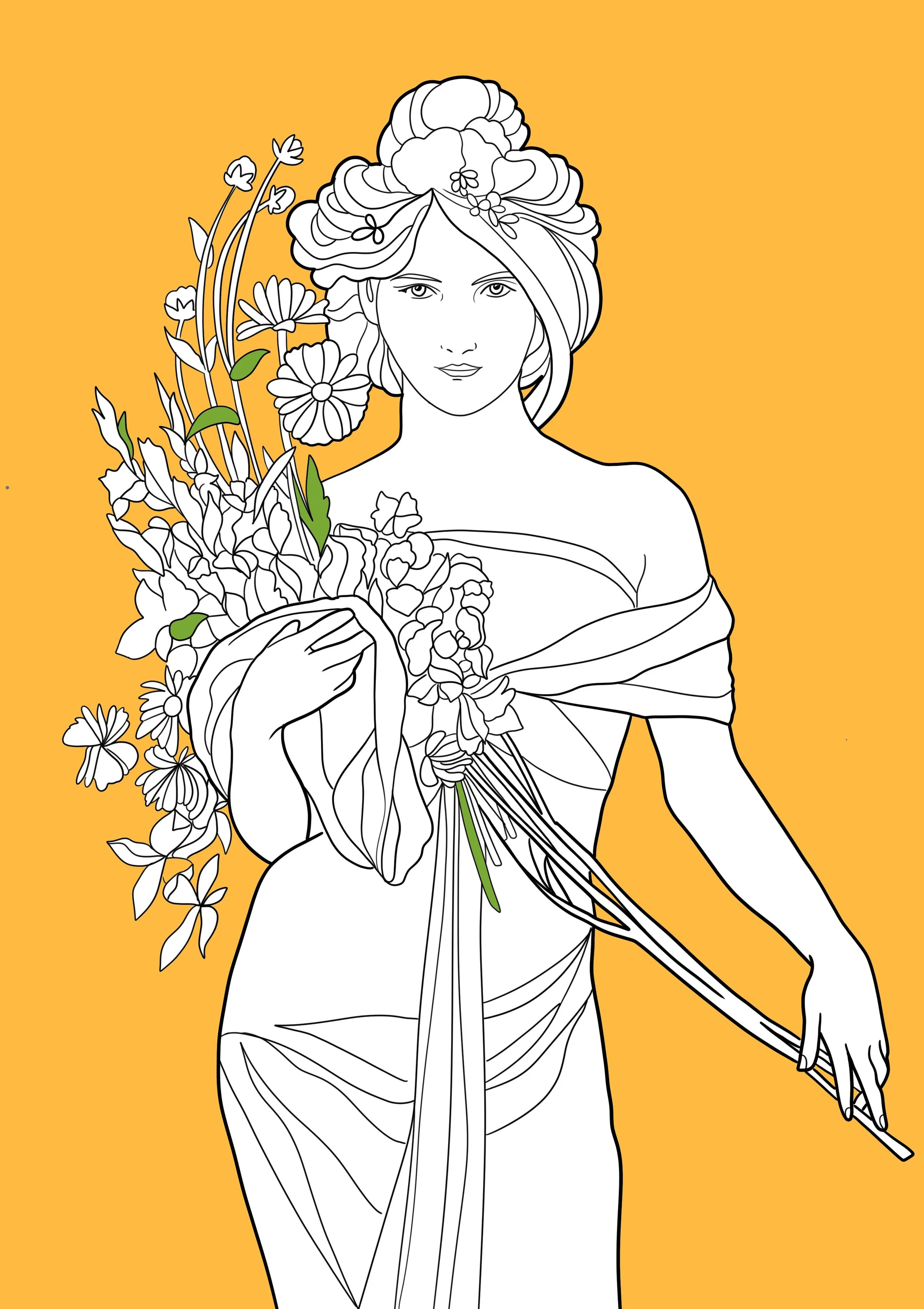 Illustration en noir et blanc d'une femme avec des cheveux en tresses ornés de fleurs, tenant un bouquet de fleurs, sur un fond orange.