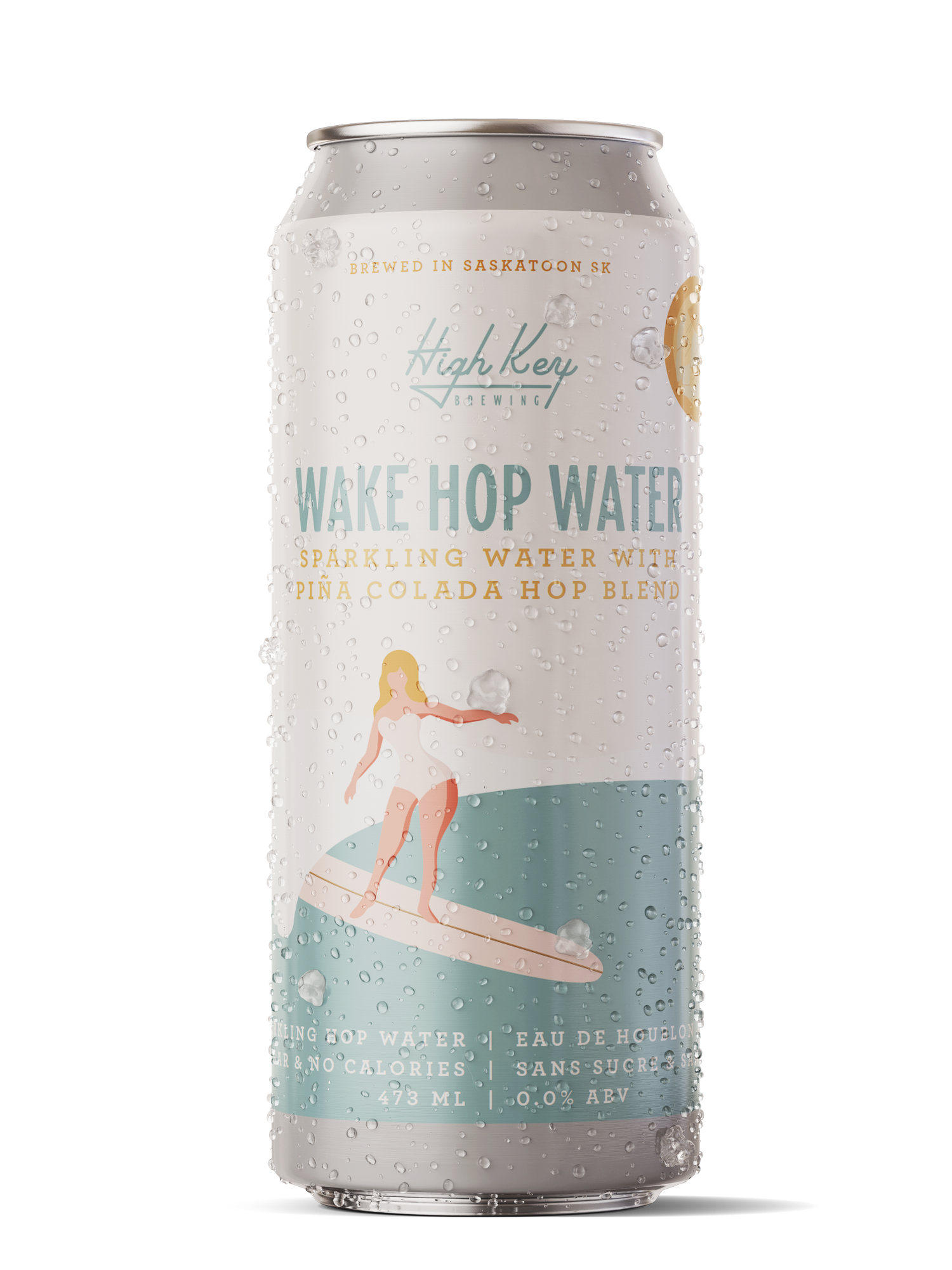 A can of Wake Hop Water sparkling water with pineapple colada flavor, decorated with water droplets, featuring a woman surfing on a wave illustration.
