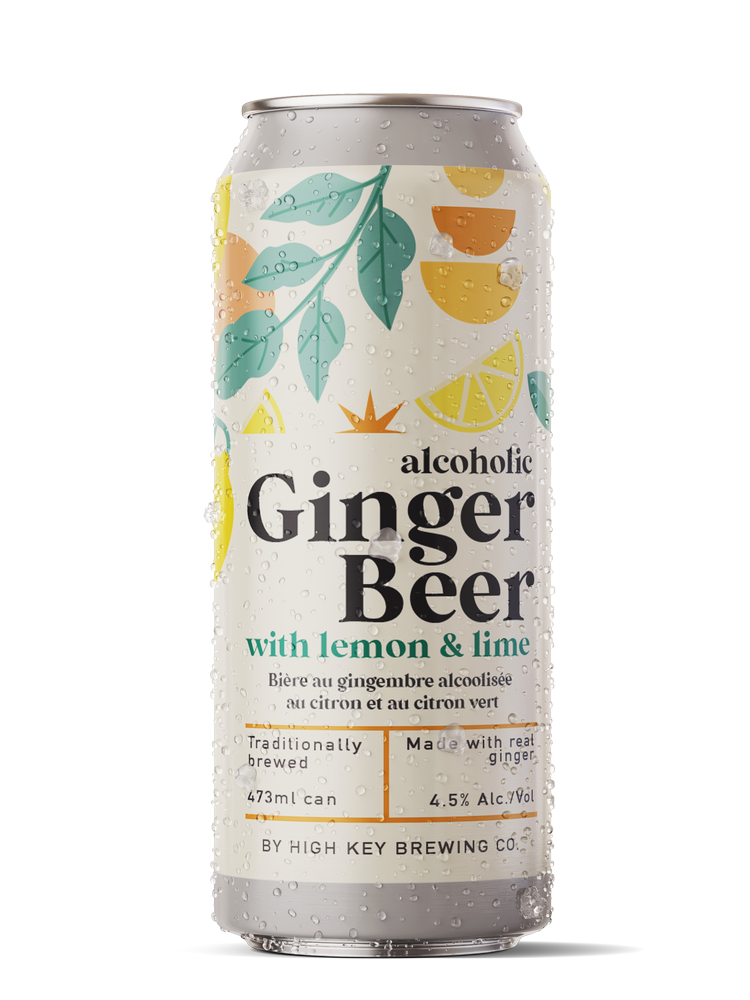 Can of High Key Brewing alcoholic ginger beer with lemon and lime, decorated with citrus and leaf illustrations, 473ml, 4.5% alcohol.