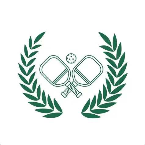 A heart shape formed by two green laurel branches with a pair of crossed paddles and a ping pong ball inside.