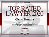 Certificate indicating "Top-Rated Lawyer 2020 " awarded to Chaya Kundra, featuring a legal scale icon.