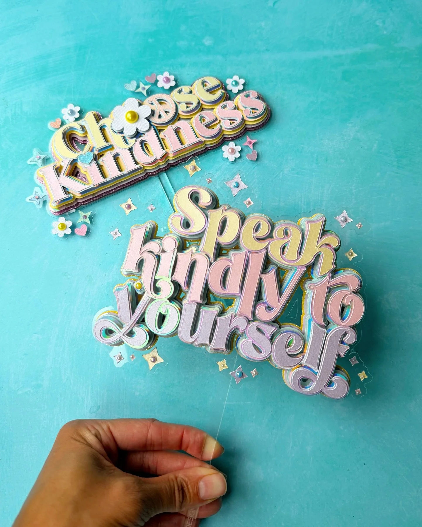 Positive Words of Affirmation Cake Toppers: Always remember to Speak Kindly too yourself, Choose Kindness &amp; that You are Enough ❣️

You can find all these designs linked on my Cricut Design Space Profile 💕

#sweetevedesigns #positivewords #caket