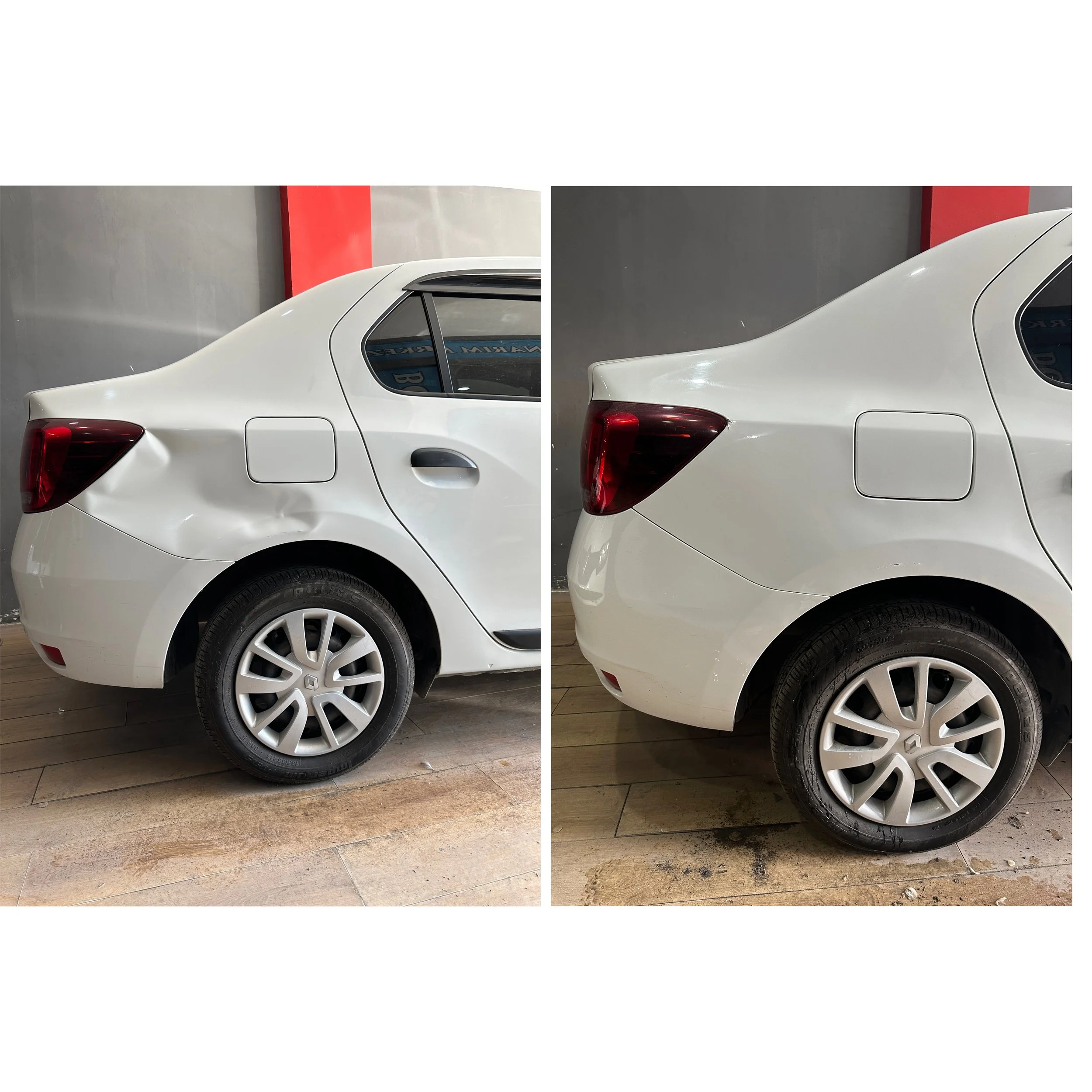 Comparison of a rear panel of a white car before and after dent repair, showcasing the repaired panel on the right.