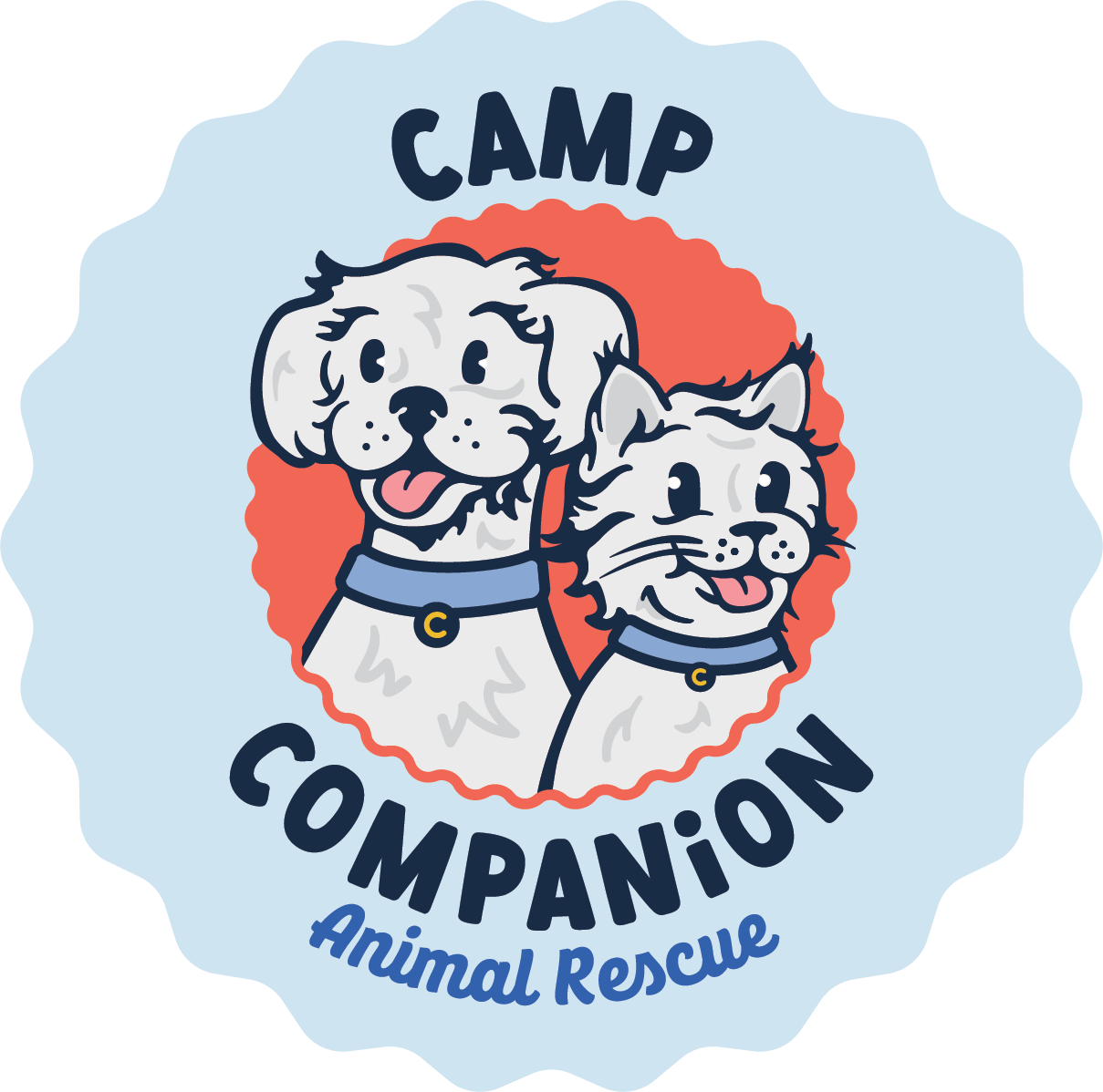 Logo for Camp Companion Animal Rescue featuring cartoon of a dog and a cat with the text 'Camp' above and 'Companion Animal Rescue' below.