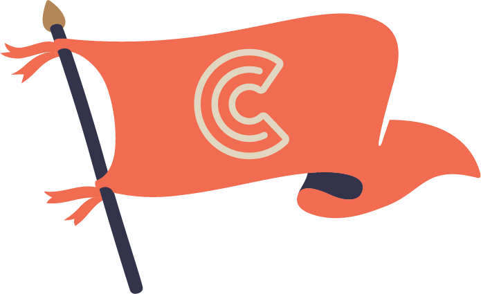A red flag with a white letter C in the center