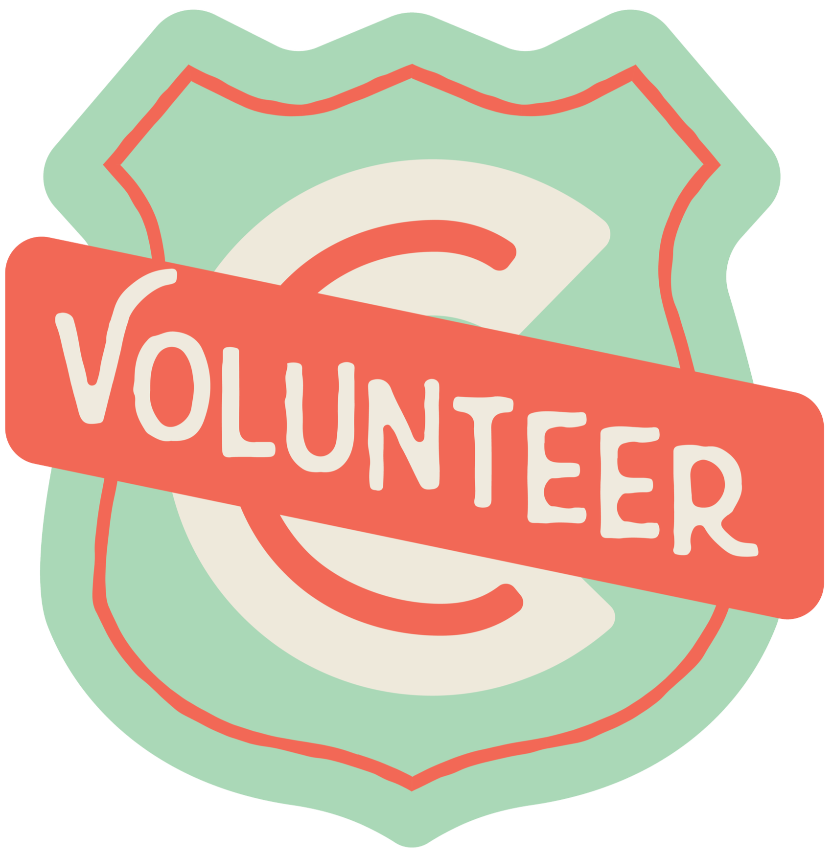 Illustration of a badge with a shield shape, featuring the word 'VOLUNTEER' in large white letters on a red banner over a white circular background, set against a light green shield-shaped backdrop.