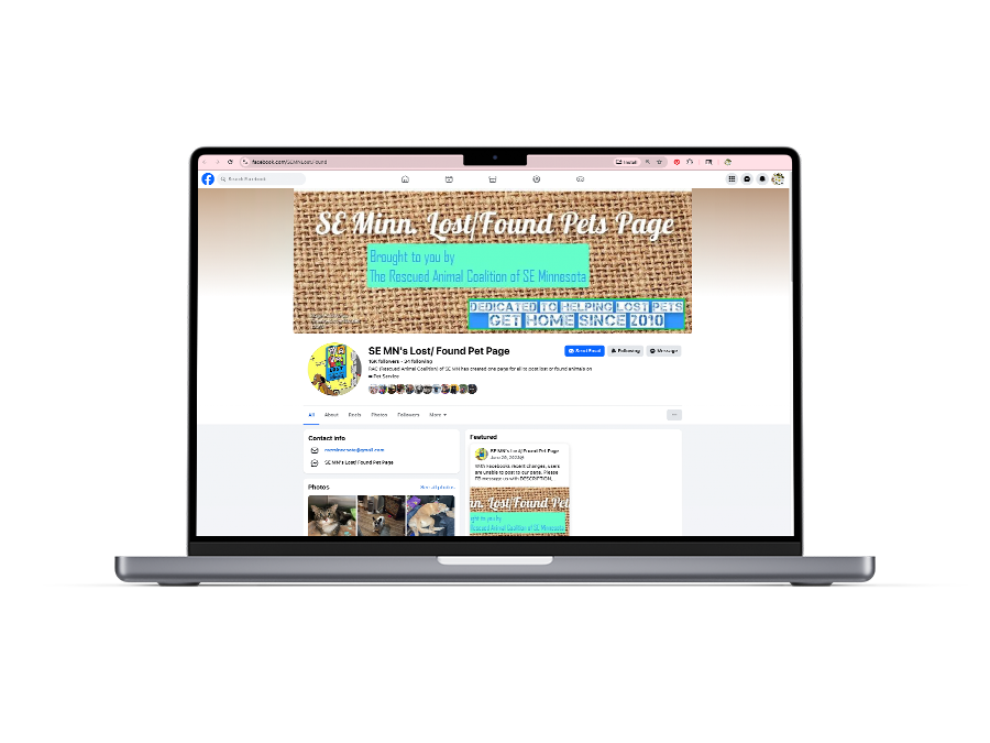 Laptop screen displaying the Facebook page for SE Minn Lost/Found Pets, with a banner about the page being dedicated to helping lost pets in southeastern Minnesota.