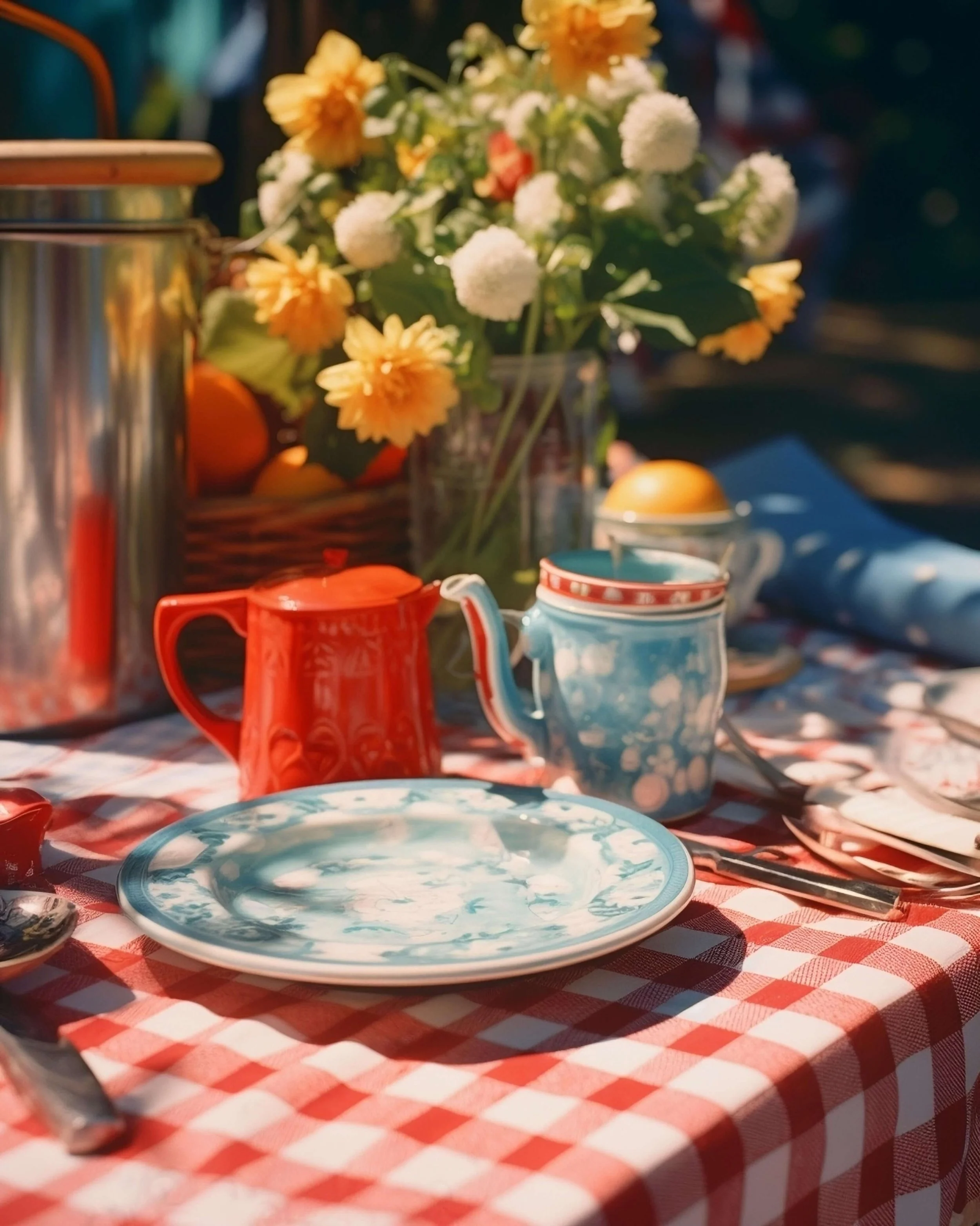 A table set for a meal with a red and white checkered tablecloth, a floral centerpiece with white and yellow flowers, surrounded by plates, cups, and utensils, in an outdoor setting.