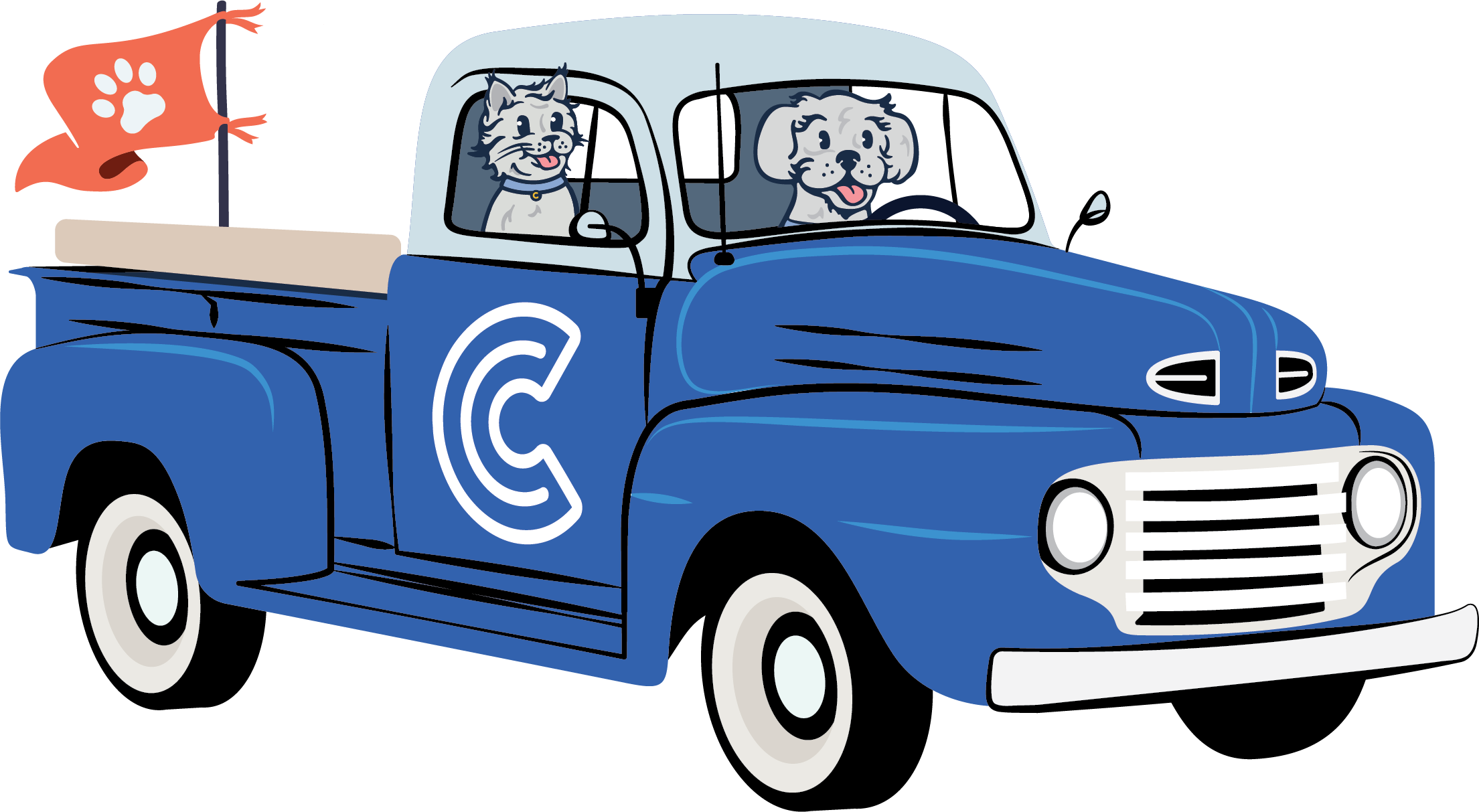 Cartoon illustration of a blue delivery truck driven by a dog and cat, with a flag displaying a paw print attached to the truck.