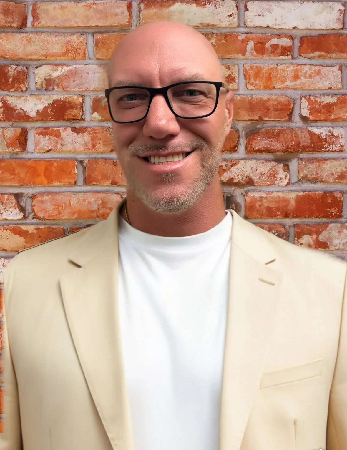 Person with curly hair and glasses smiling