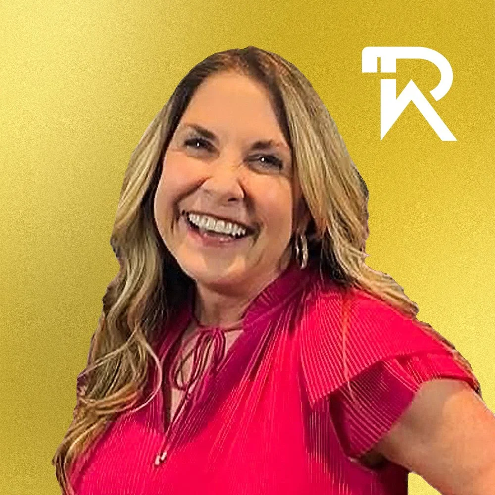 Black and white photo of a woman smiling in front of a yellow background with a stylized white logo in the top right corner.