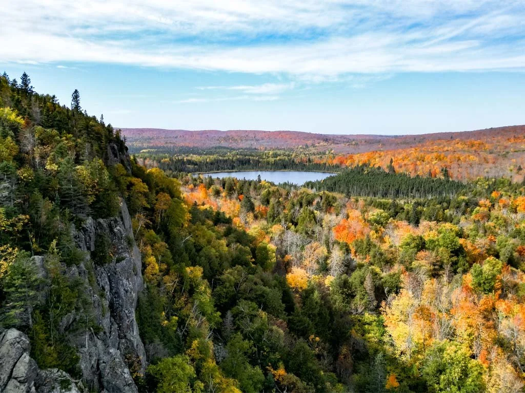 Fall colors surrounding Oberg Lake as seen from Oberg Mountain on Minnesota’s North Shore
