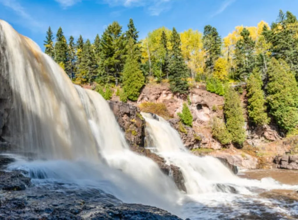 Waterfalls cascading through Gooseberry Falls State Park on Minnesota’s North Shore near Lake Superior