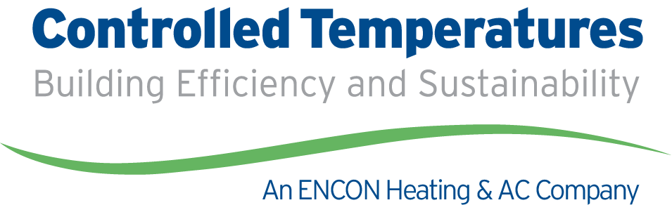 Title slide for a presentation on controlled temperatures, building efficiency, and sustainability, with the subtitle indicating it is by ENCON Heating & AC Company.
