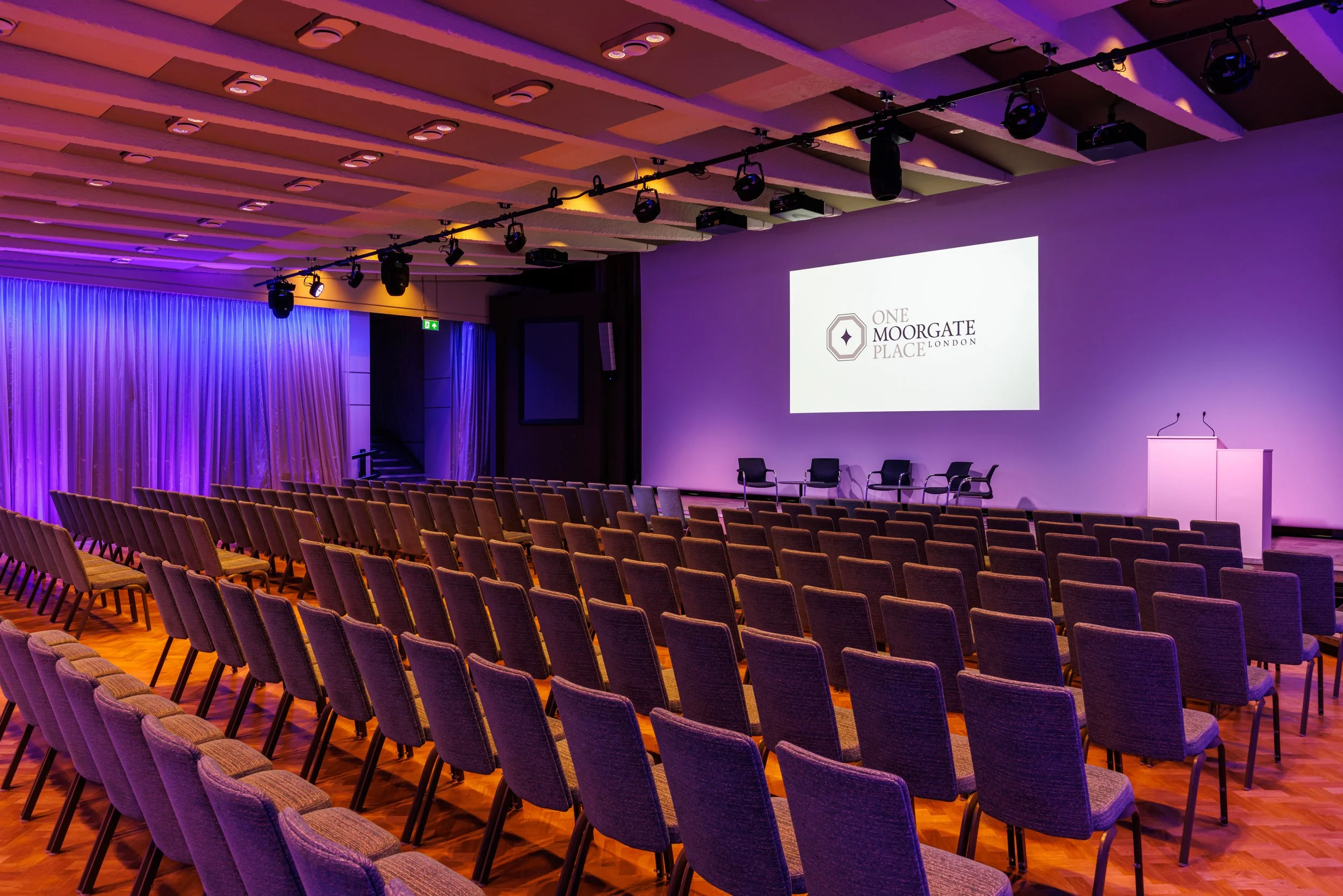 Auditorium set for a conference day in One Moorgate Place