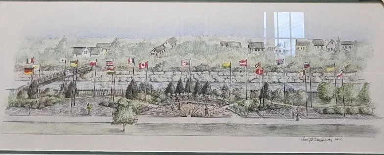 Illustration of a park with various international flags lining paths on both sides, trees and several people walking. A distant view shows a rural village with houses.