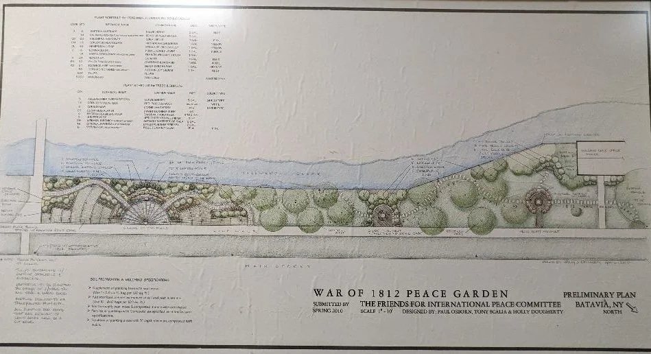 Design plan for War of 1812 Peace Garden in Batavia, NY, showing layout and plant details.