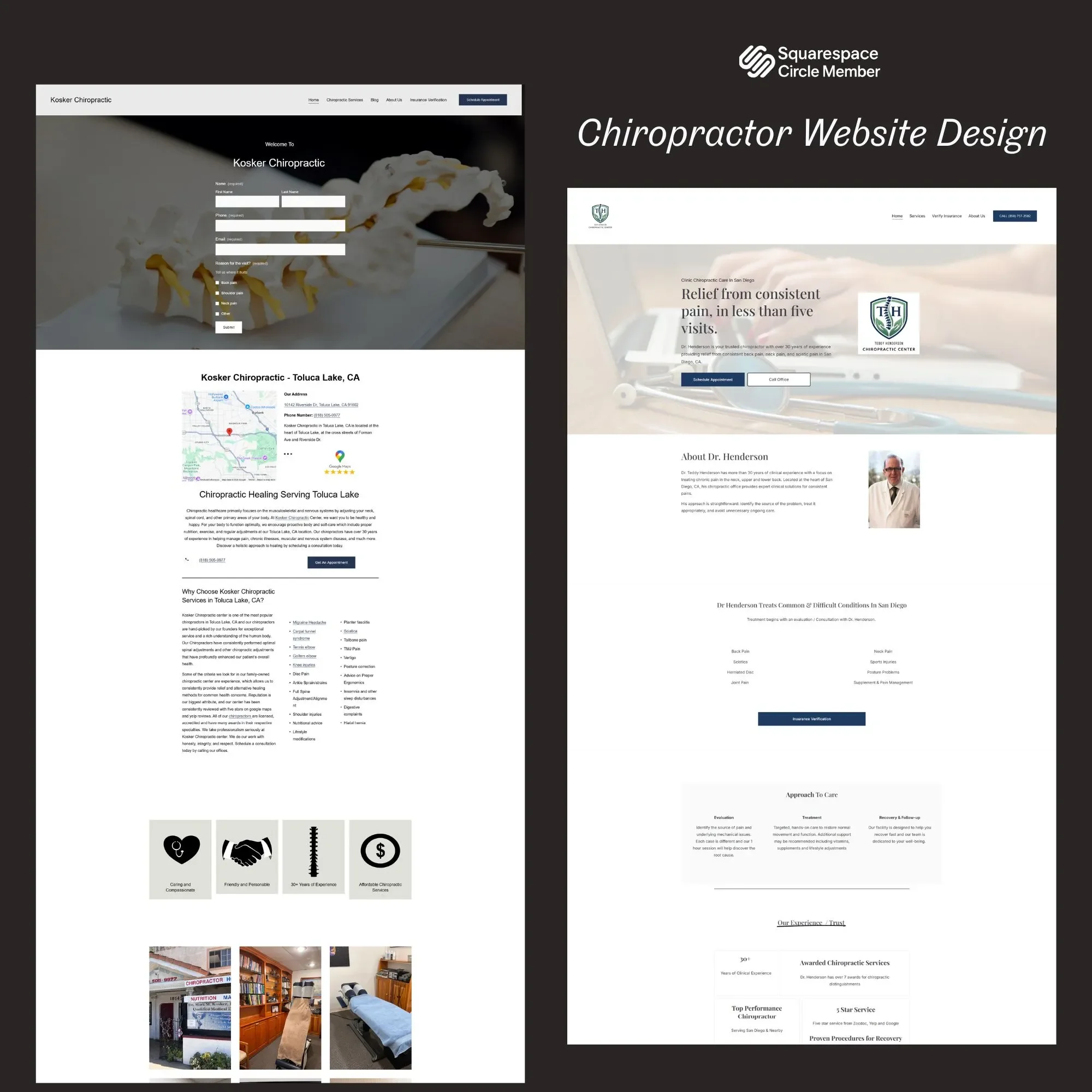 Screenshots of chiropractor website design showcasing services, office images, and staff profiles.
